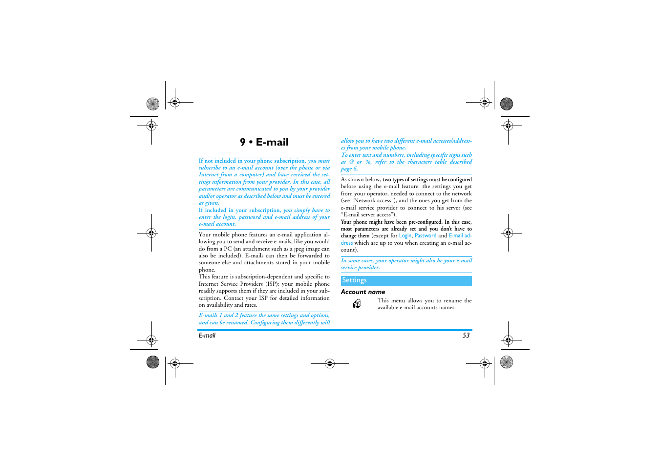 9 • e�mail, Settings, Account name | E-mail, E-mail p53, Settings p53, 9 • e-mail | Philips 330 User Manual | Page 55 / 79