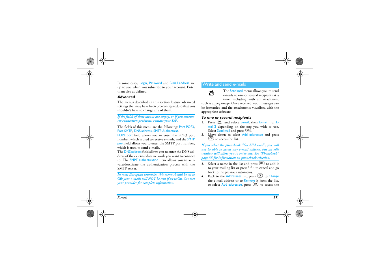 Advanced, Write and send e�mails, To one or several recipients | Write and send e-mails, Send mail p55 | Philips 330 User Manual | Page 57 / 79