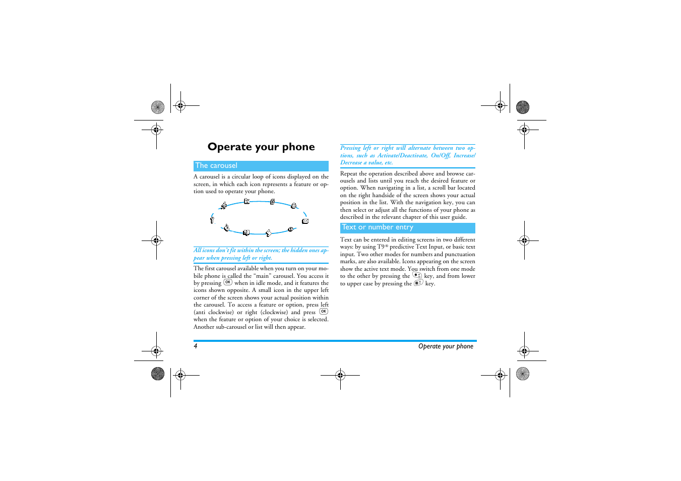 Operate your phone, The carousel, Text or number entry | Perate your phone, The carousel text or number entry | Philips 330 User Manual | Page 6 / 79