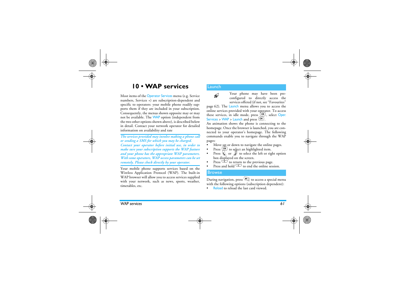 10 • wap services, Launch, Browse | Wap services, Launch browse, Wap services p61, Launch / browse | Philips 330 User Manual | Page 63 / 79