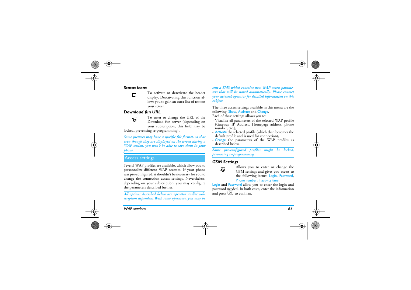 Status icons, Download fun url, Access settings | Gsm settings, Status icons download fun url | Philips 330 User Manual | Page 65 / 79