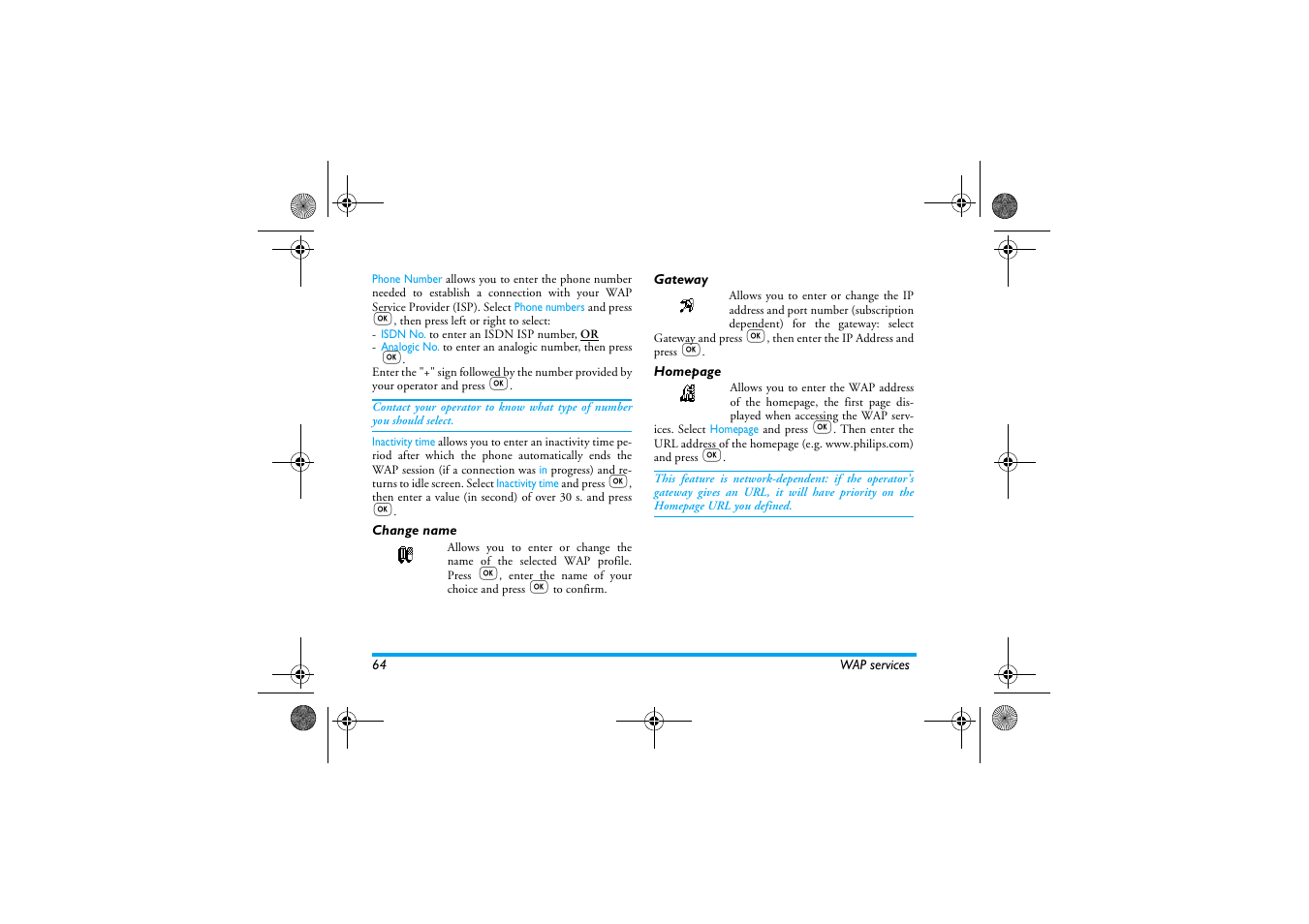 Change name, Gateway | Philips 330 User Manual | Page 66 / 79