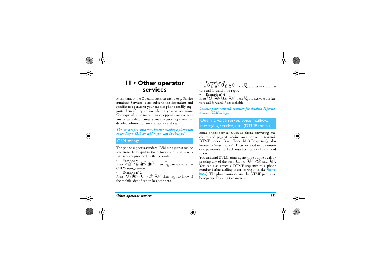 11 • other operator services, Gsm strings, Other operator services | Gsm strings query a voice server, voice mailbox, Other operator services p65 | Philips 330 User Manual | Page 67 / 79