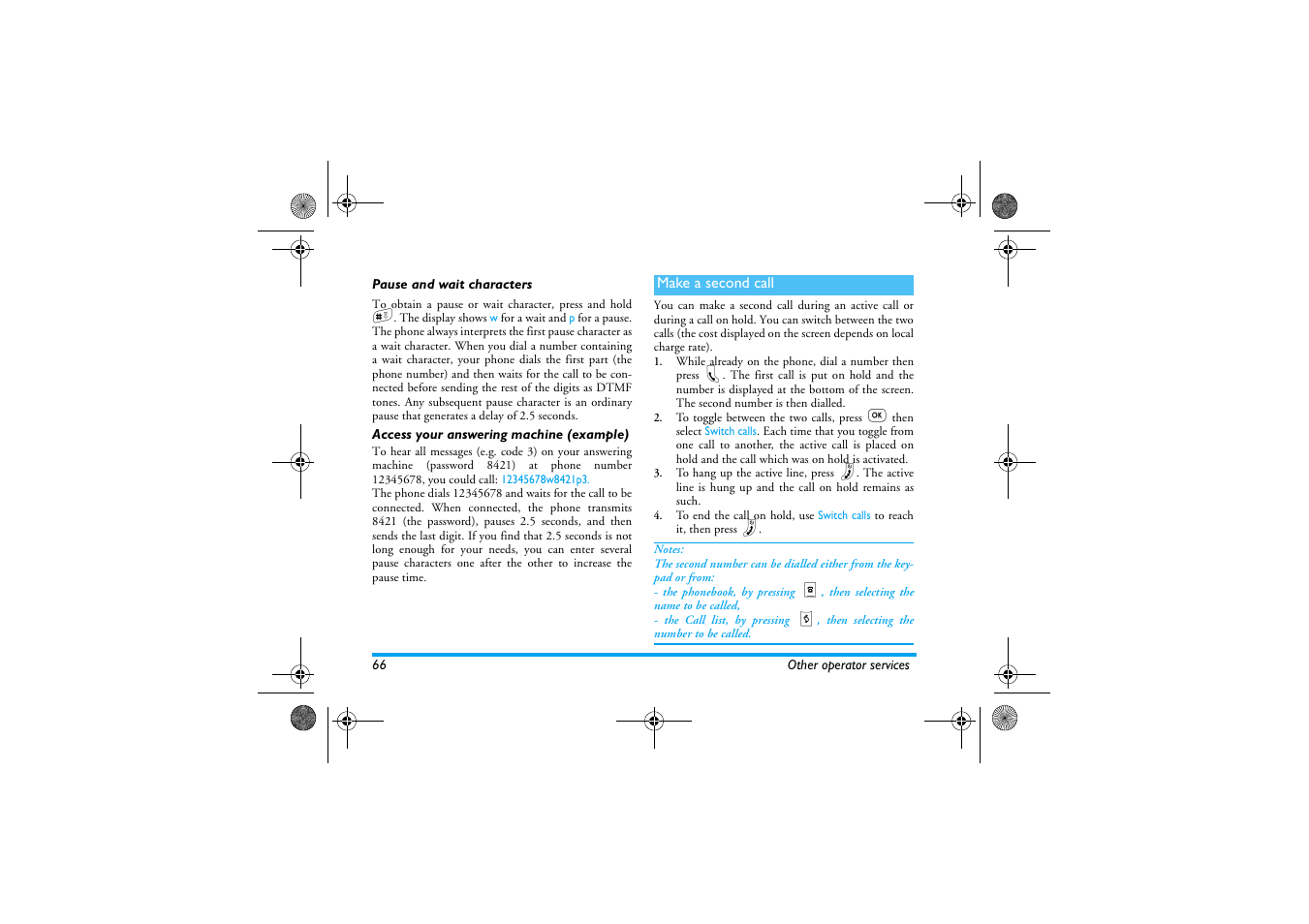 Pause and wait characters, Access your answering machine (example), Make a second call | Philips 330 User Manual | Page 68 / 79
