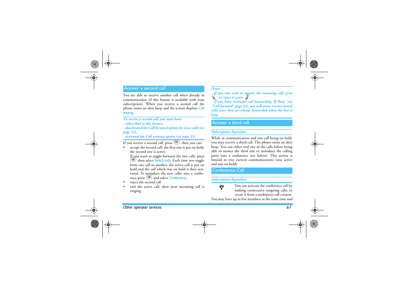 Answer a second call, Answer a third call, Conference call | Philips 330 User Manual | Page 69 / 79