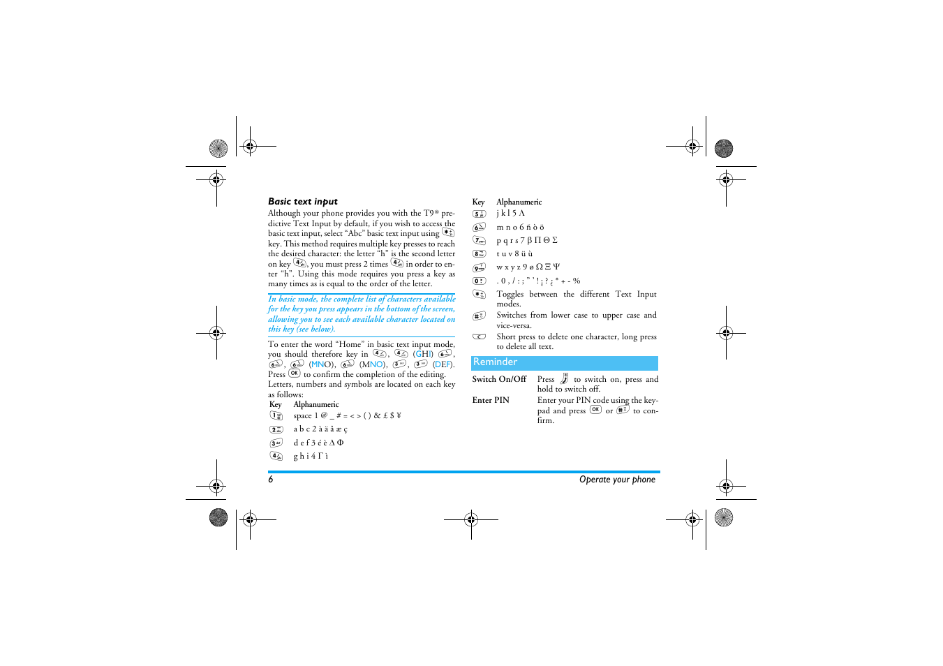 Basic text input, Reminder | Philips 330 User Manual | Page 8 / 79