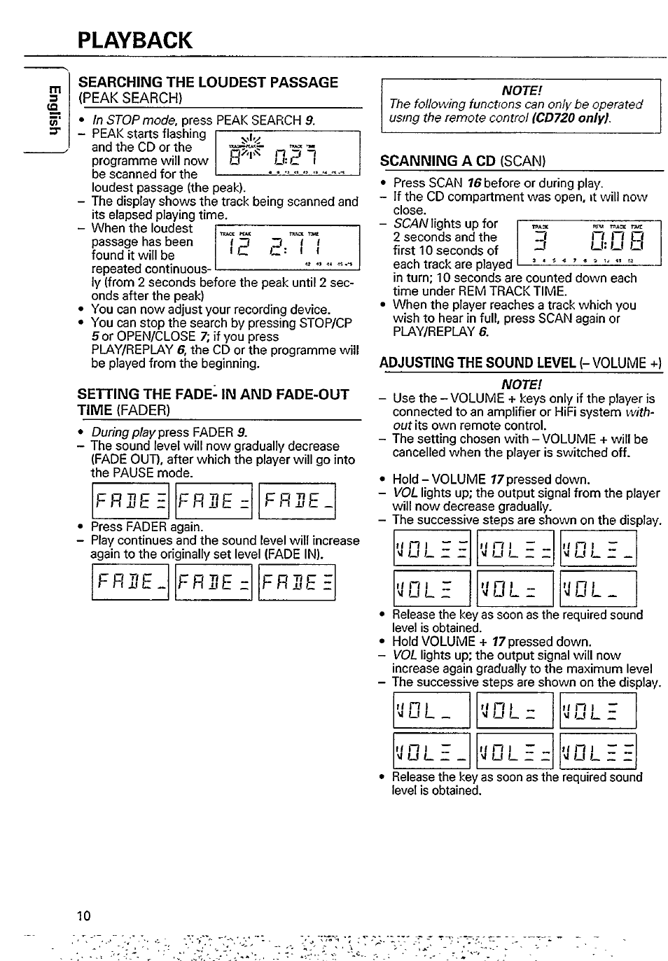 Setting the fade- in and fade-out time (fader), Adjusting the sound level (- volume +), Setting the fade-in and fade-out time | Adjusting the sound level (cd720 only), Playback, F r u e, F r 3 e z, F r s e | Philips CD 710 User Manual | Page 10 / 16