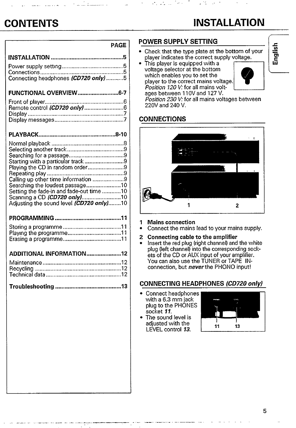 Power supply setting, Connecting headphones icd720 only), Contents installation | Philips CD 710 User Manual | Page 5 / 16