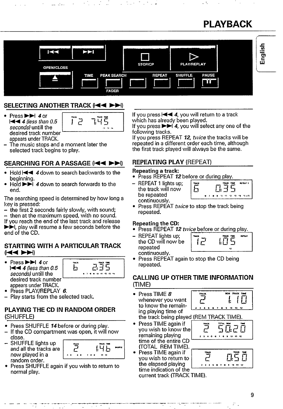 Selecting another track (!◄◄ ►►!), Starting with a particular track, Playing the cd in random order | Calling up other time information, Selecting another track, Playback | Philips CD 710 User Manual | Page 9 / 16