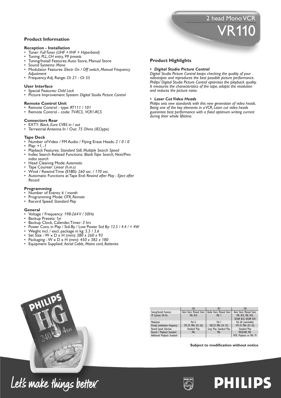 Vr110, 2 head mono vcr, Product highlights | Product information | Philips V R 110 User Manual | Page 2 / 2