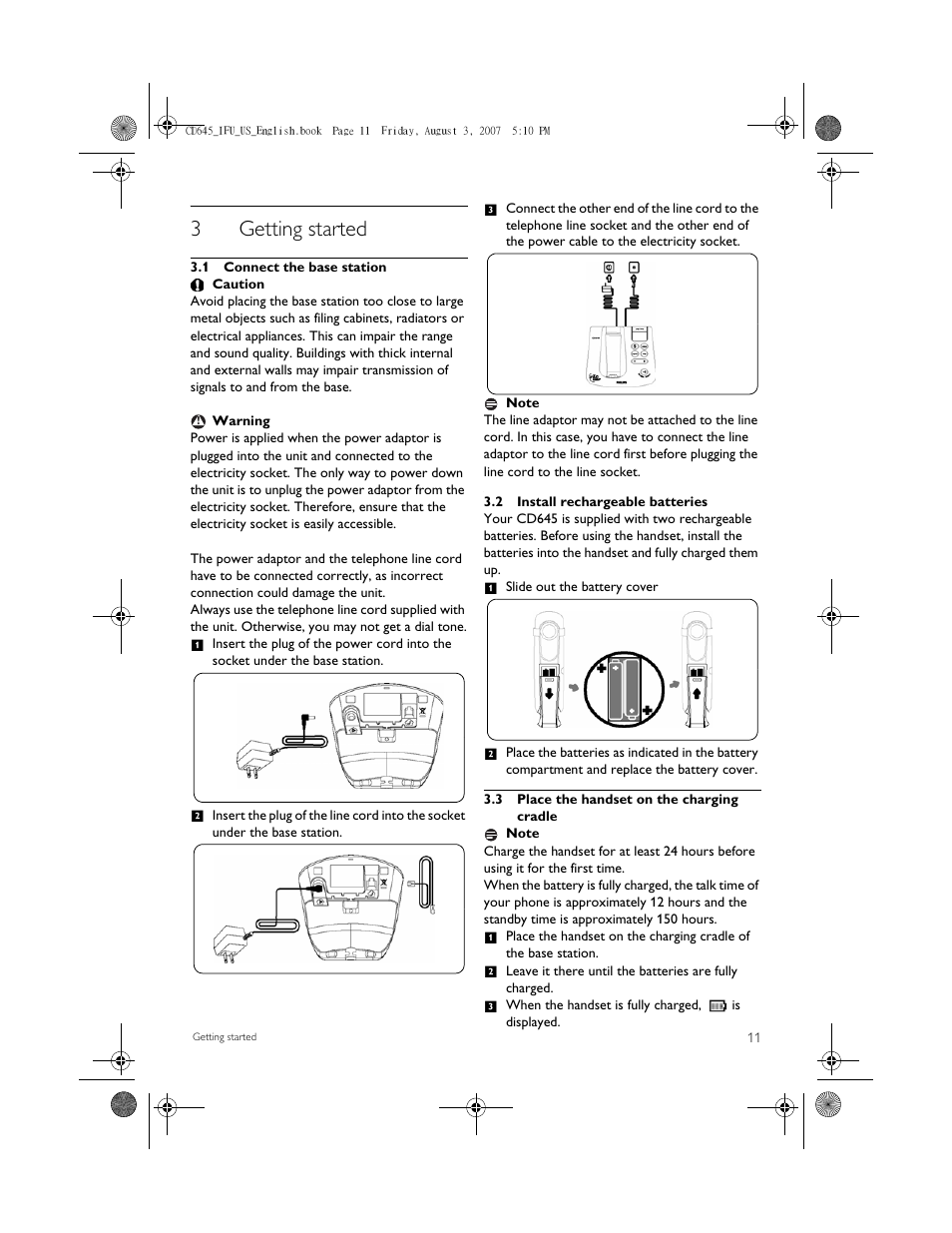 3 getting started, 1 connect the base station, 2 install rechargeable batteries | 3 place the handset on the charging cradle, 3getting started | Philips CD6452B User Manual | Page 13 / 47