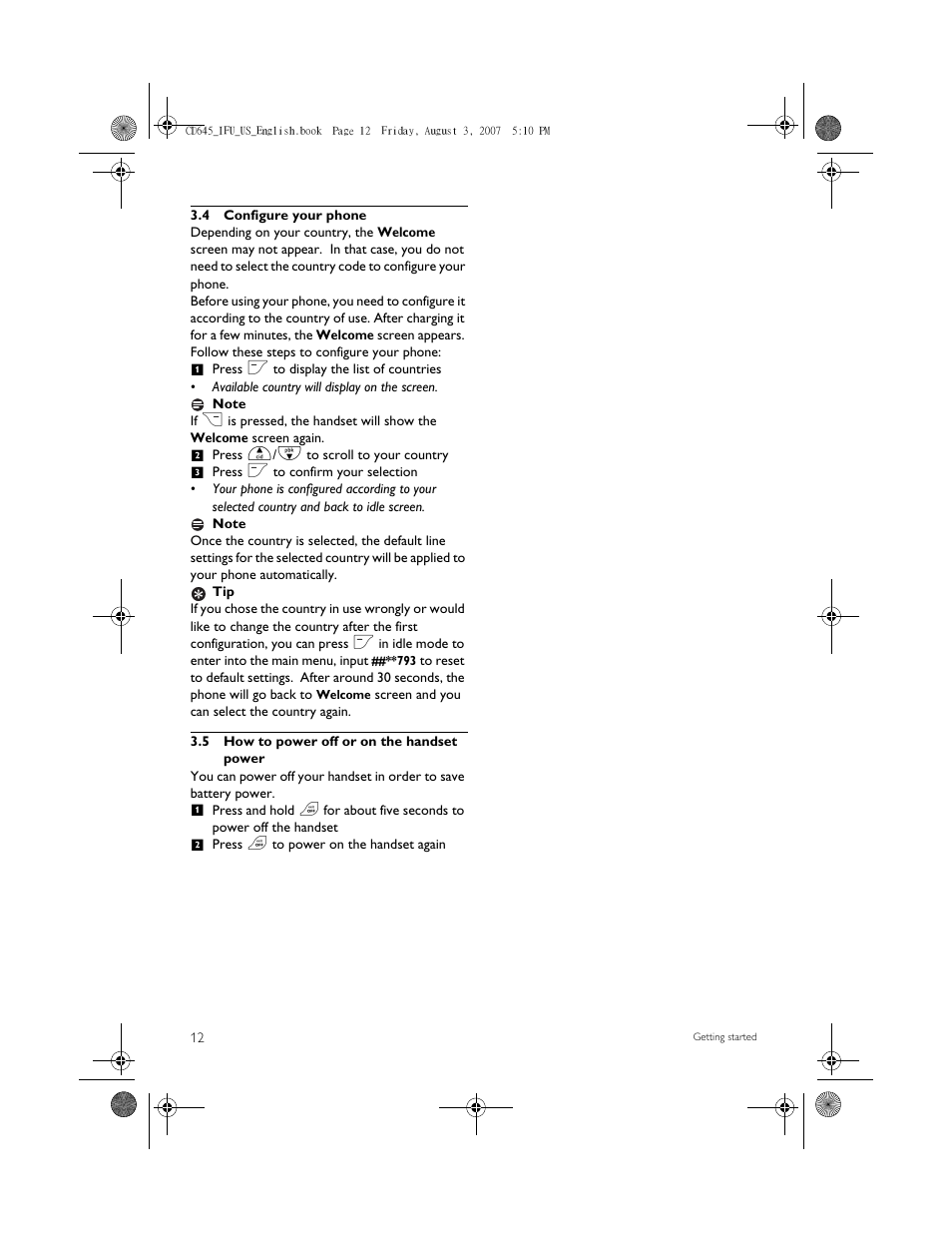 4 configure your phone, 5 how to power off or on the handset power | Philips CD6452B User Manual | Page 14 / 47