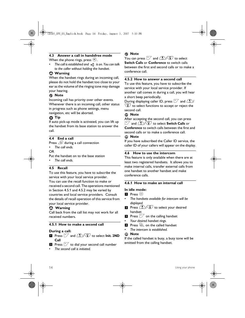3 answer a call in handsfree mode, 4 end a call, 5 recall | 1 how to make a second call, 2 how to answer a second call, 6 how to use the intercom, 1 how to make an internal call | Philips CD6452B User Manual | Page 16 / 47