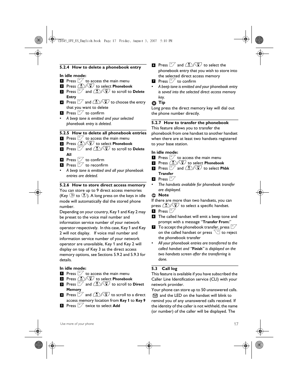 4 how to delete a phonebook entry, 5 how to delete all phonebook entries, 6 how to store direct access memory | 7 how to transfer the phonebook, 3 call log | Philips CD6452B User Manual | Page 19 / 47