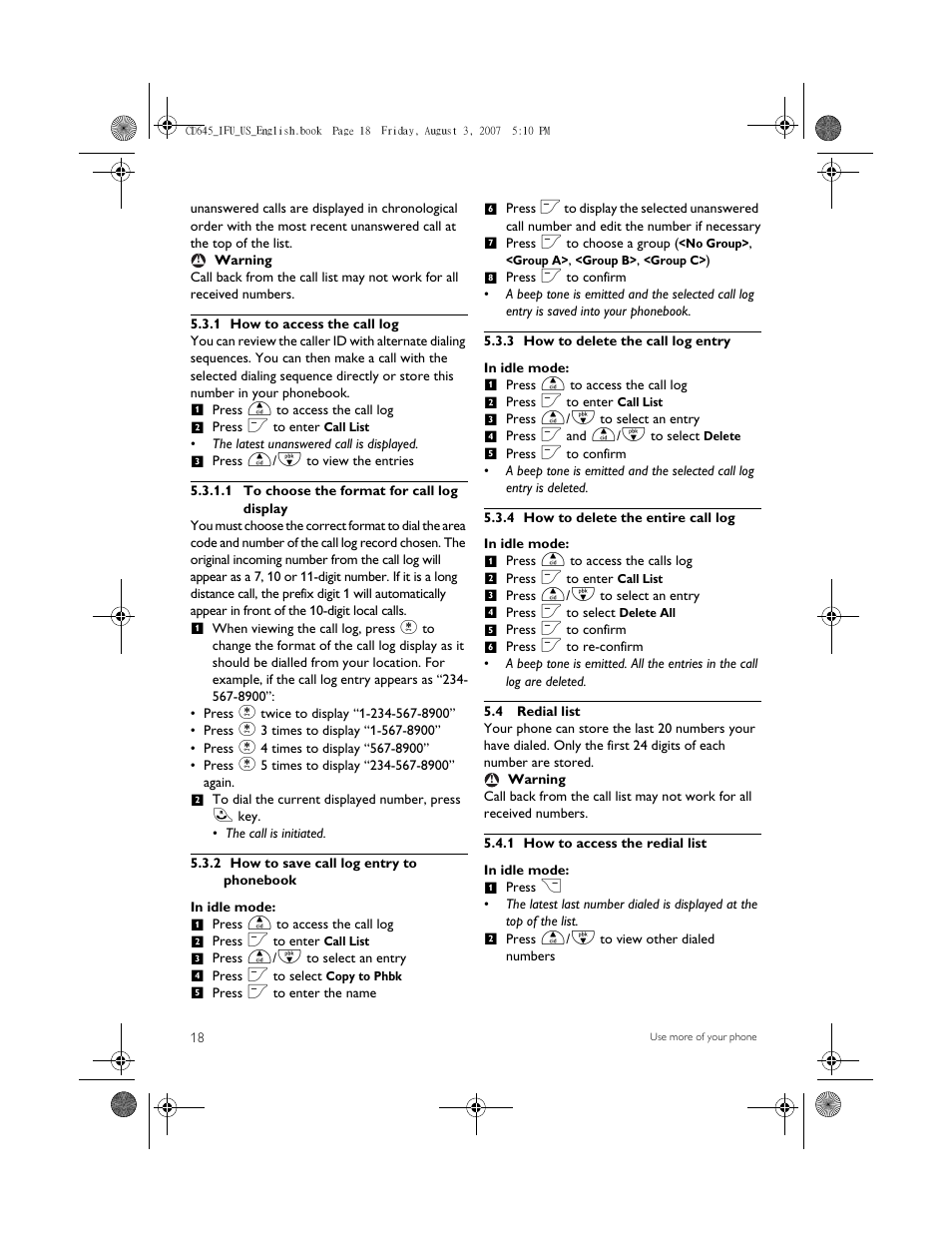 1 how to access the call log, 2 how to save call log entry to phonebook, 3 how to delete the call log entry | 4 how to delete the entire call log, 4 redial list, 1 how to access the redial list | Philips CD6452B User Manual | Page 20 / 47