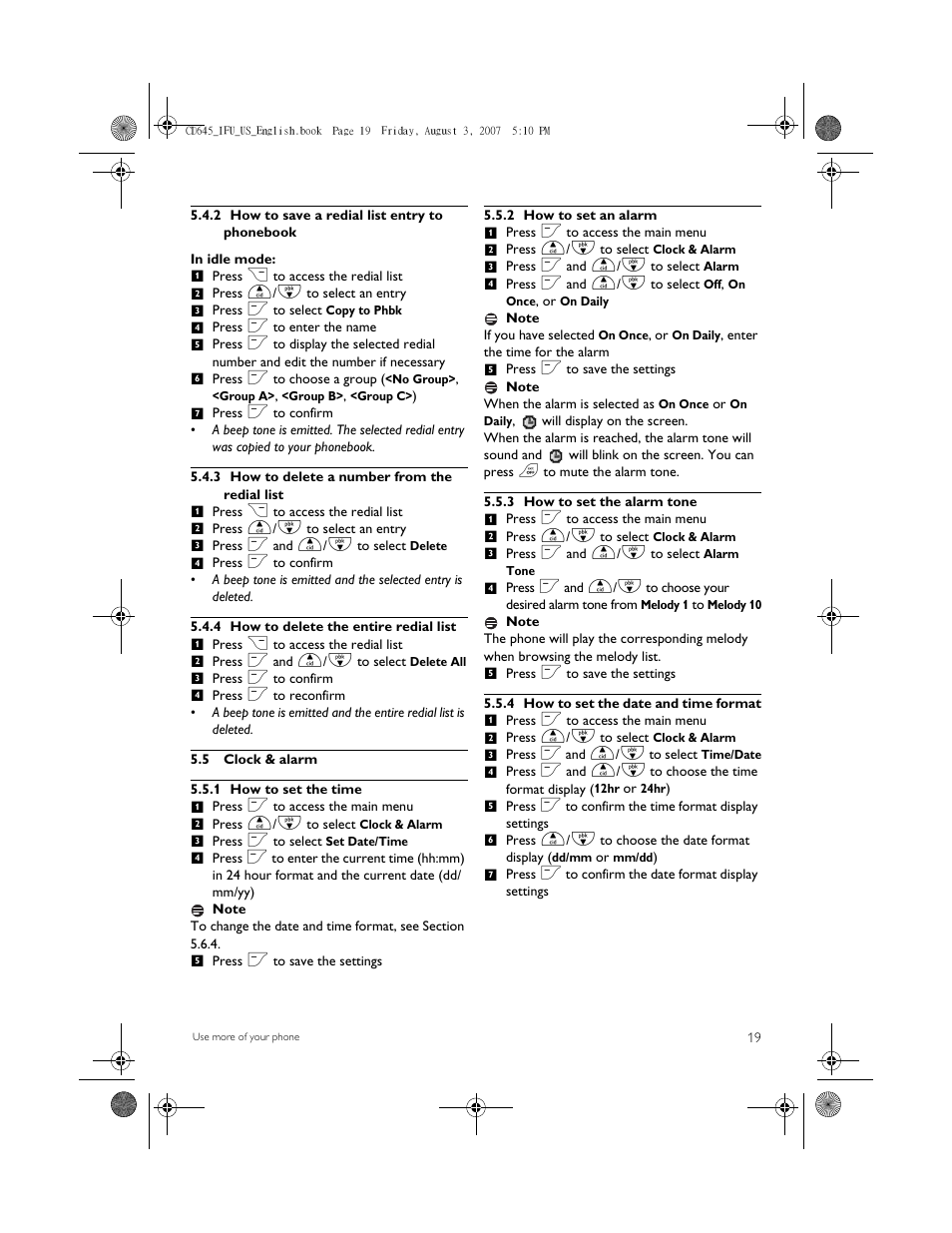 2 how to save a redial list entry to phonebook, 3 how to delete a number from the redial list, 4 how to delete the entire redial list | 5 clock & alarm, 1 how to set the time, 2 how to set an alarm, 3 how to set the alarm tone, 4 how to set the date and time format | Philips CD6452B User Manual | Page 21 / 47