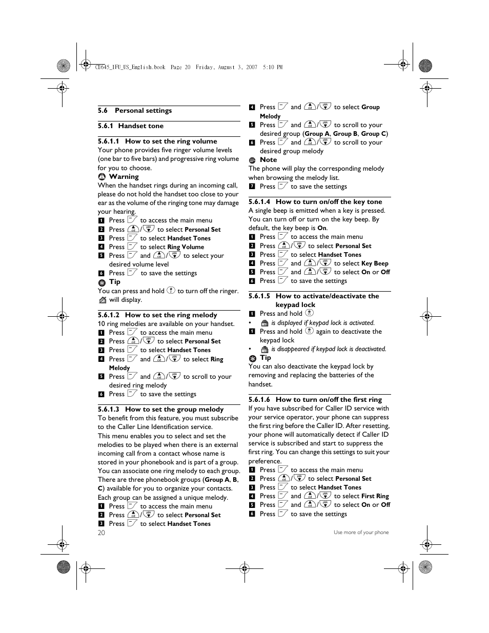 6 personal settings, 1 handset tone | Philips CD6452B User Manual | Page 22 / 47