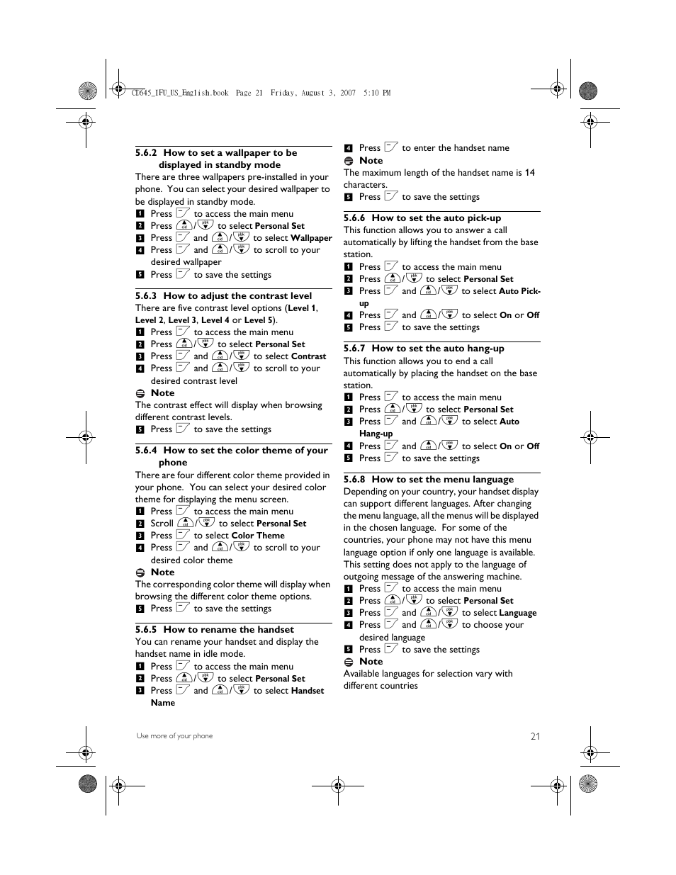 3 how to adjust the contrast level, 4 how to set the color theme of your phone, 5 how to rename the handset | 6 how to set the auto pick-up, 7 how to set the auto hang-up, 8 how to set the menu language | Philips CD6452B User Manual | Page 23 / 47