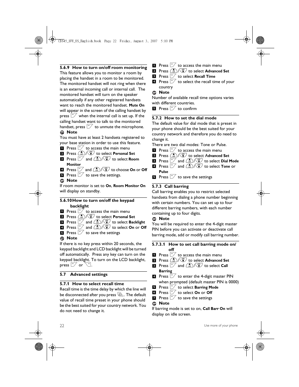 9 how to turn on/off room monitoring, 10 how to turn on/off the keypad backlight, 7 advanced settings | 1 how to select recall time, 2 how to set the dial mode, 3 call barring | Philips CD6452B User Manual | Page 24 / 47