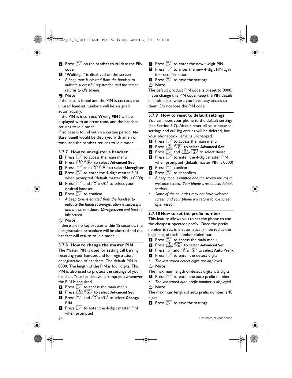 7 how to unregister a handset, 8 how to change the master pin, 9 how to reset to default settings | 10 how to set the prefix number | Philips CD6452B User Manual | Page 26 / 47