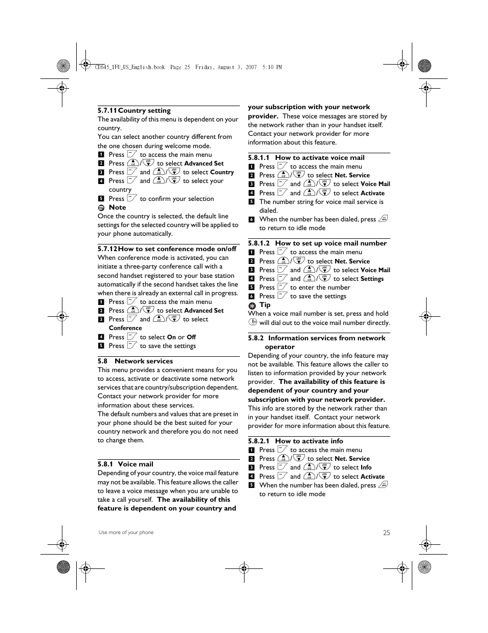 11 country setting, 12 how to set conference mode on/off, 8 network services | 1 voice mail, 2 information services from network operator | Philips CD6452B User Manual | Page 27 / 47