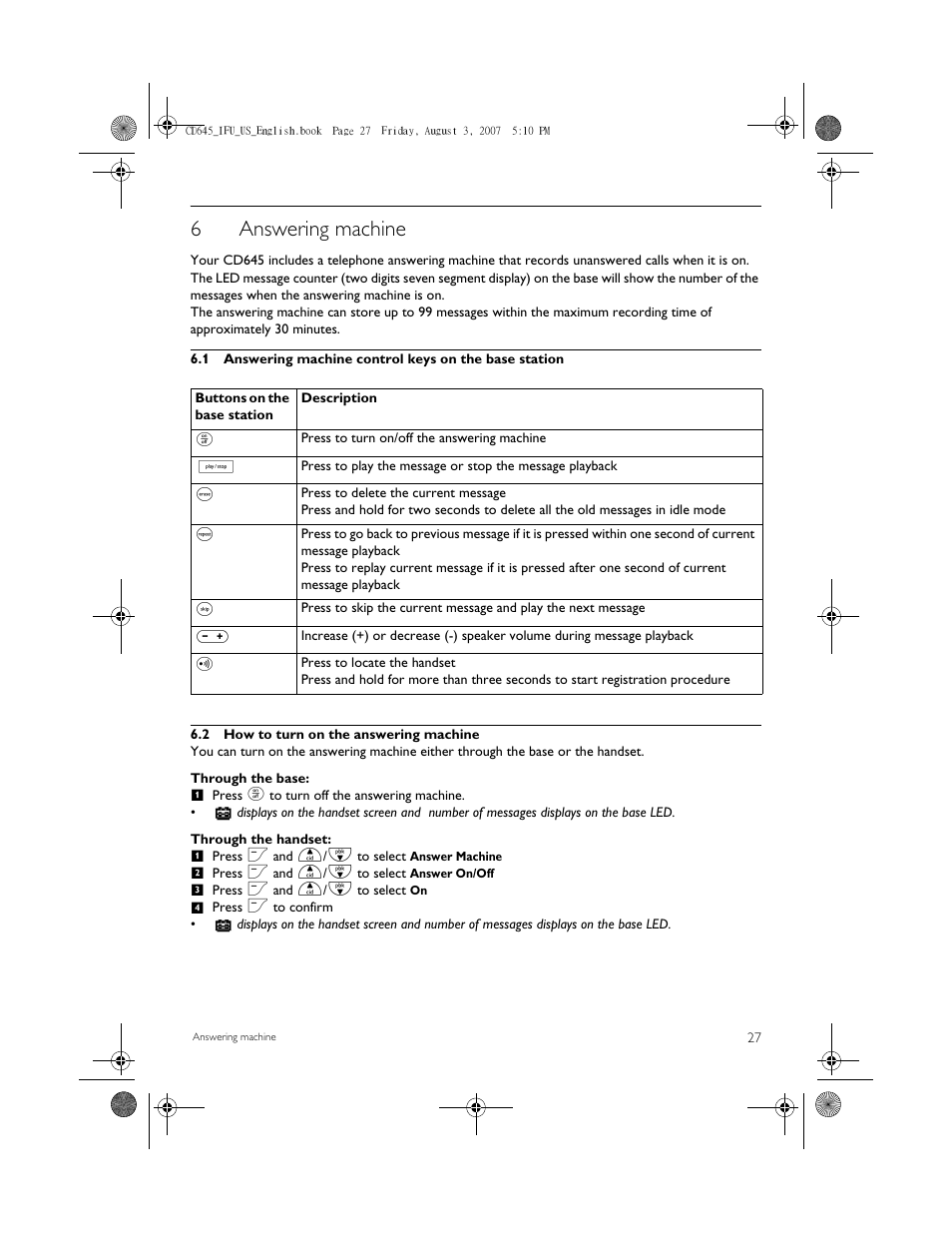 6 answering machine, 2 how to turn on the answering machine, 6answering machine | Philips CD6452B User Manual | Page 29 / 47