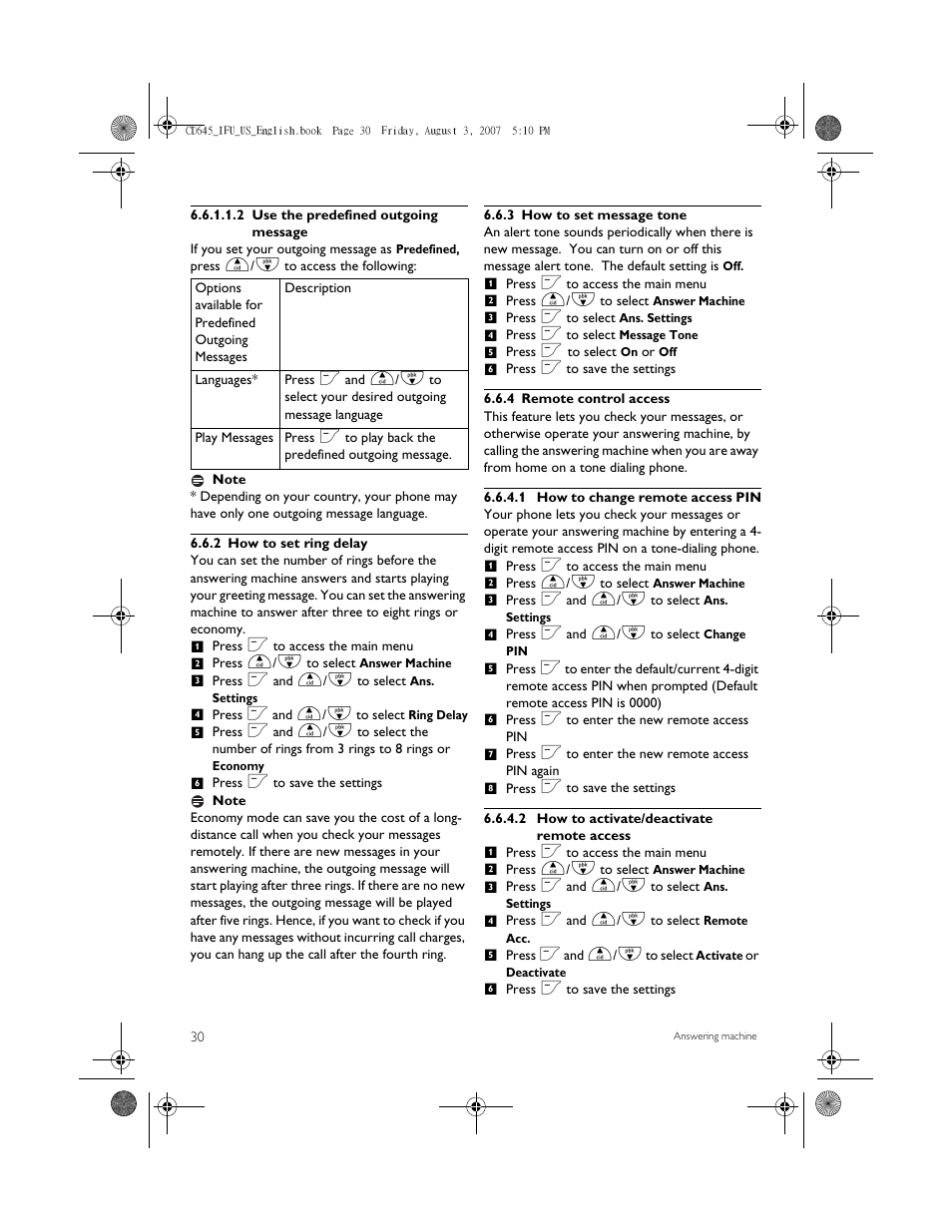 2 how to set ring delay, 3 how to set message tone, 4 remote control access | Philips CD6452B User Manual | Page 32 / 47