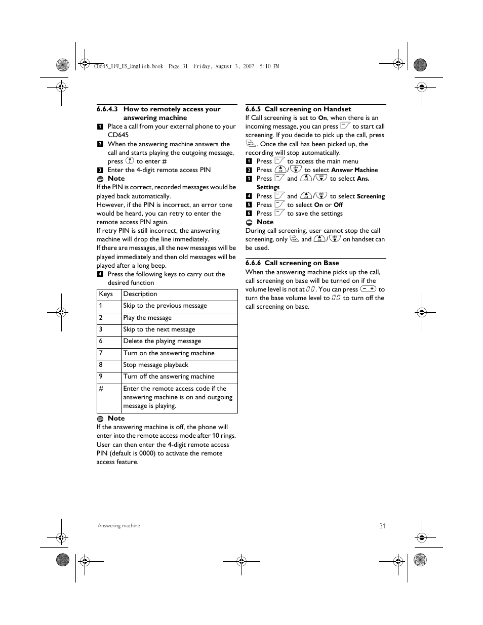 5 call screening on handset, 6 call screening on base | Philips CD6452B User Manual | Page 33 / 47