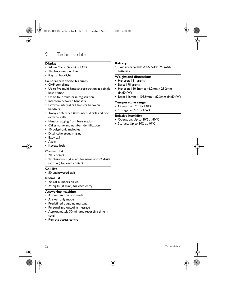 9 technical data, 9technical data | Philips CD6452B User Manual | Page 38 / 47