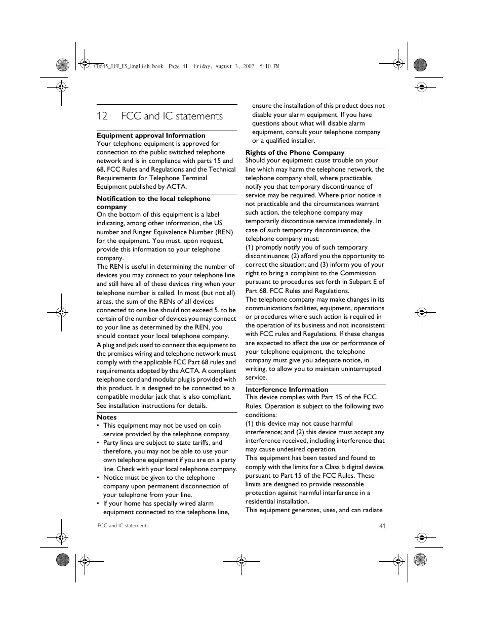 12 fcc and ic statements | Philips CD6452B User Manual | Page 43 / 47
