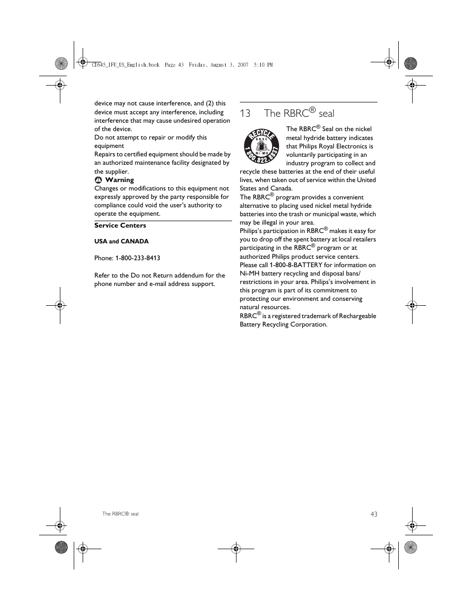13 the rbrc® seal, 13 the rbrc, Seal | Philips CD6452B User Manual | Page 45 / 47