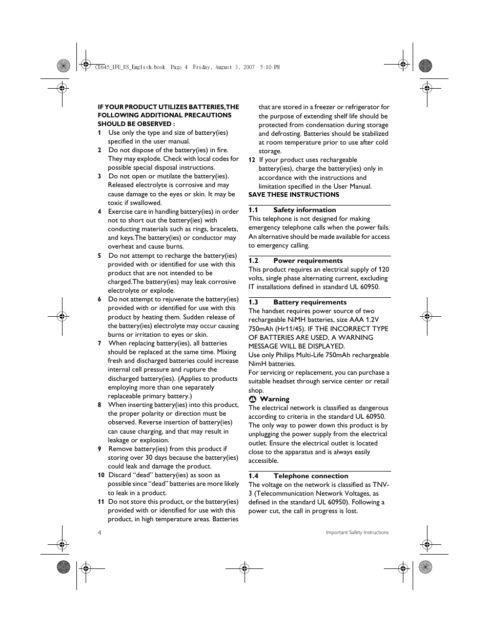 1 safety information, 2 power requirements, 3 battery requirements | 4 telephone connection | Philips CD6452B User Manual | Page 6 / 47