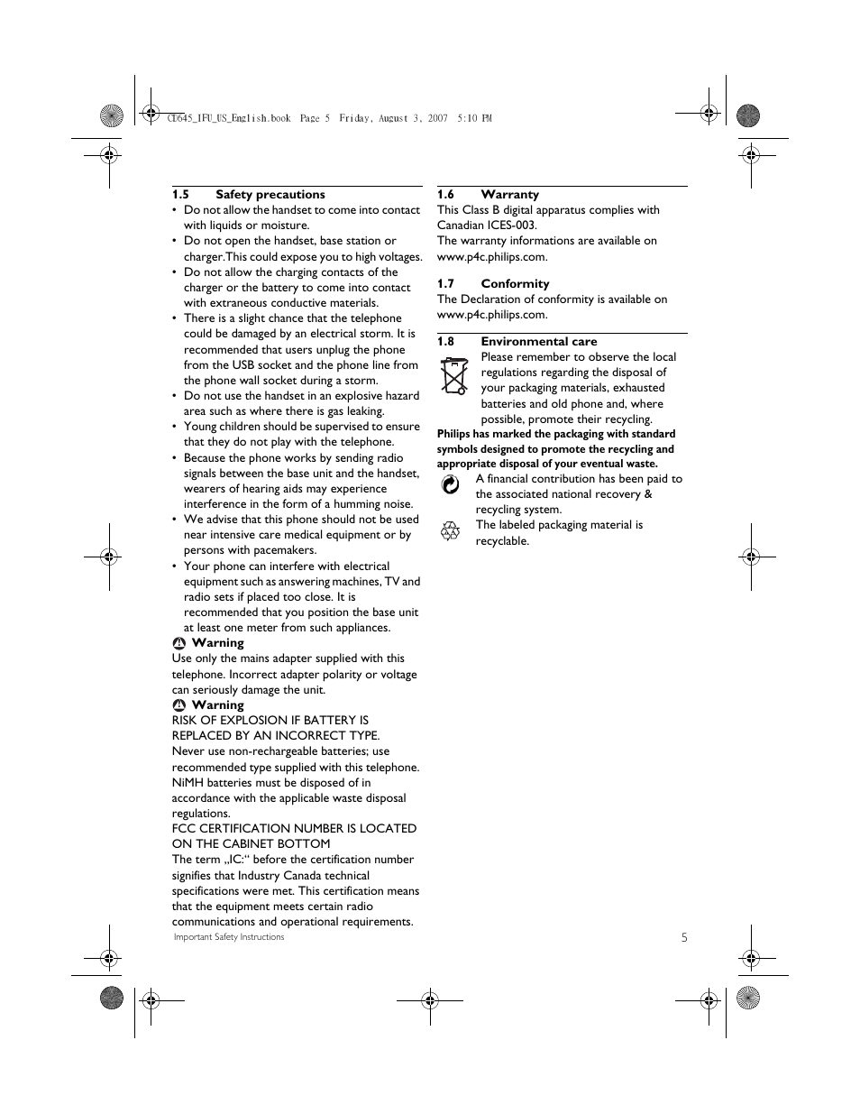 5 safety precautions, 6 warranty, 7 conformity | 8 environmental care | Philips CD6452B User Manual | Page 7 / 47