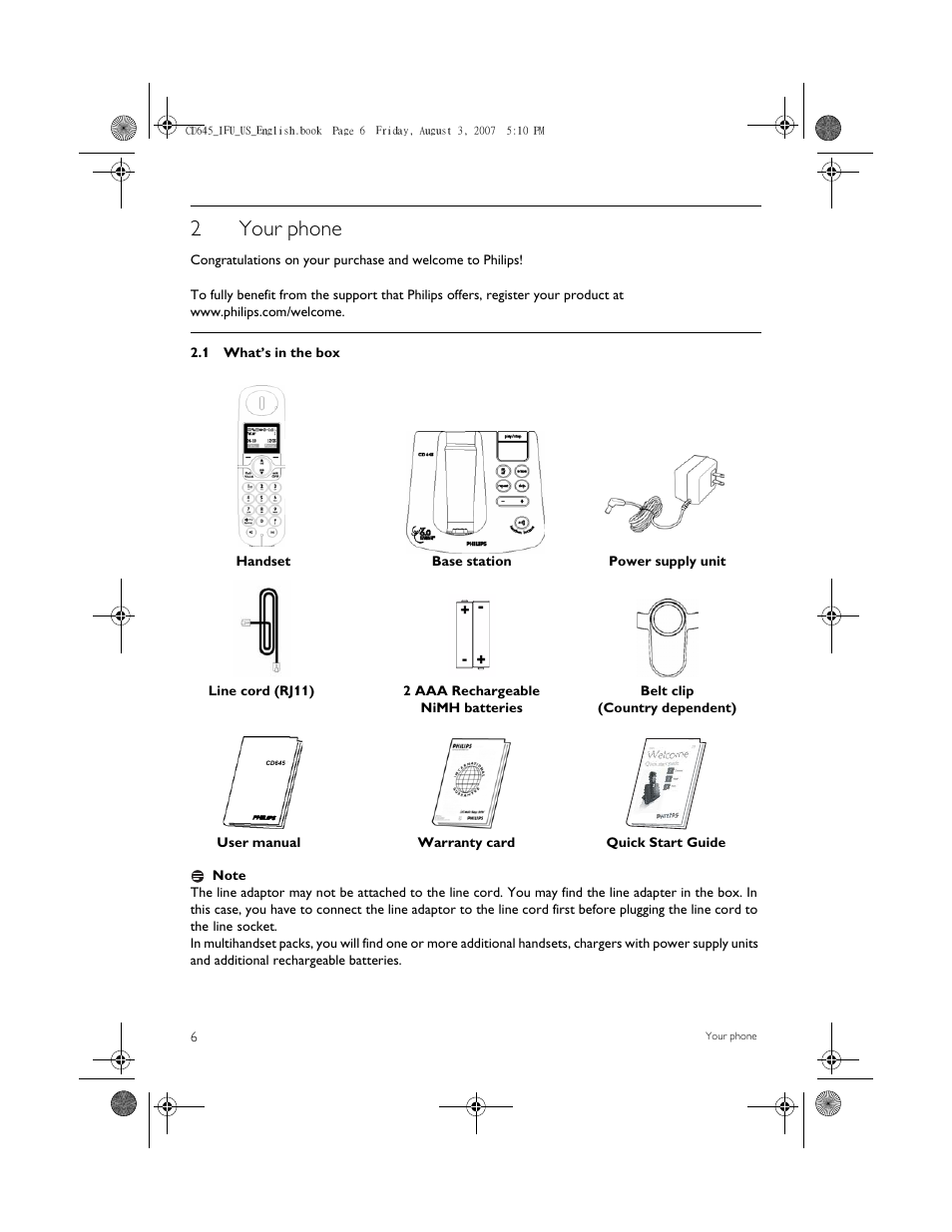 2 your phone, 1 what’s in the box, 2your phone | Philips CD6452B User Manual | Page 8 / 47