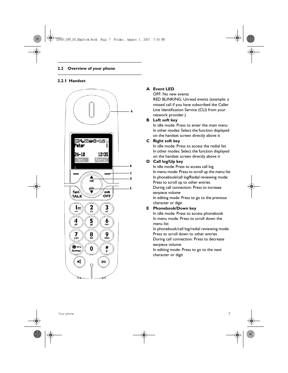 2 overview of your phone, 1 handset | Philips CD6452B User Manual | Page 9 / 47