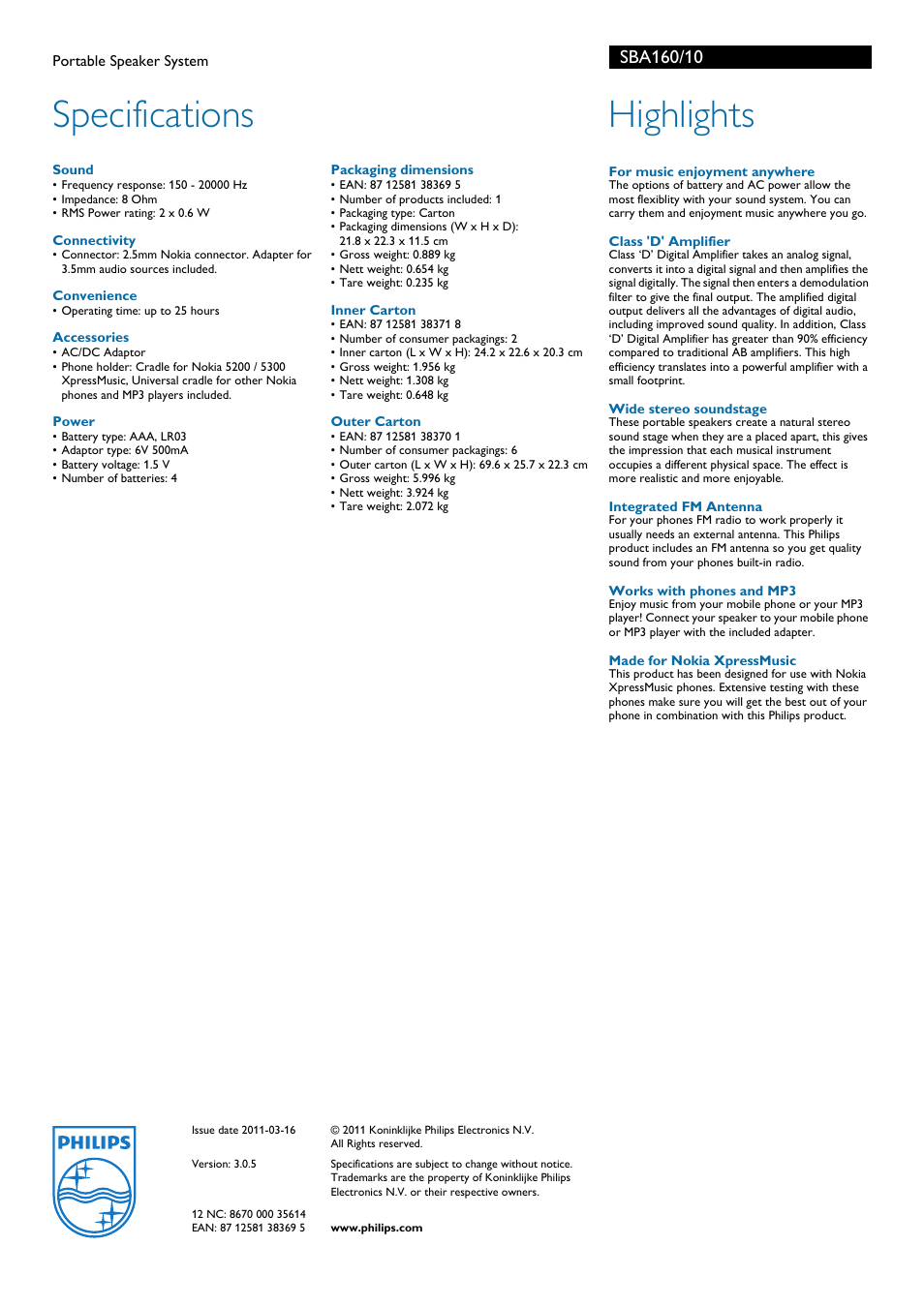 Specifications, Highlights | Philips SBA160/10 User Manual | Page 2 / 2