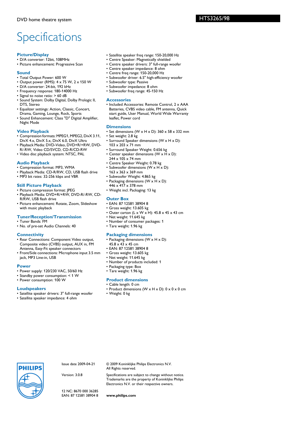 Specifications | Philips HTS3265/98 User Manual | Page 3 / 3