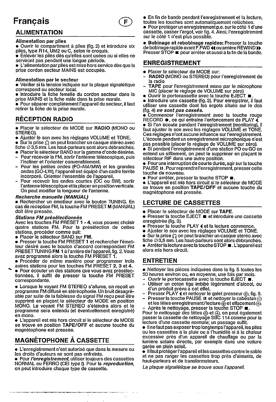 Français, Enregistrement, Lecture de cassettes | Entretien, Alimentation, Reception radio, Magnétophone à cassette | Philips D 8184 User Manual | Page 2 / 8