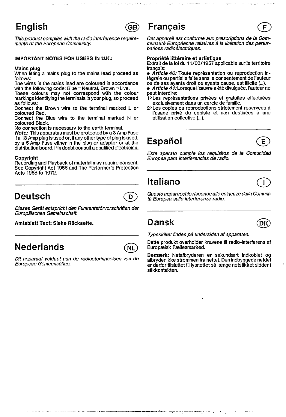 Important notes for users in u.k, Mains plug, Copyright | Nederlands, Propriété littéraire et artistique, Español, Italiano, Amtsblatt text: siehe rückseite, English, Français | Philips D 8184 User Manual | Page 4 / 8