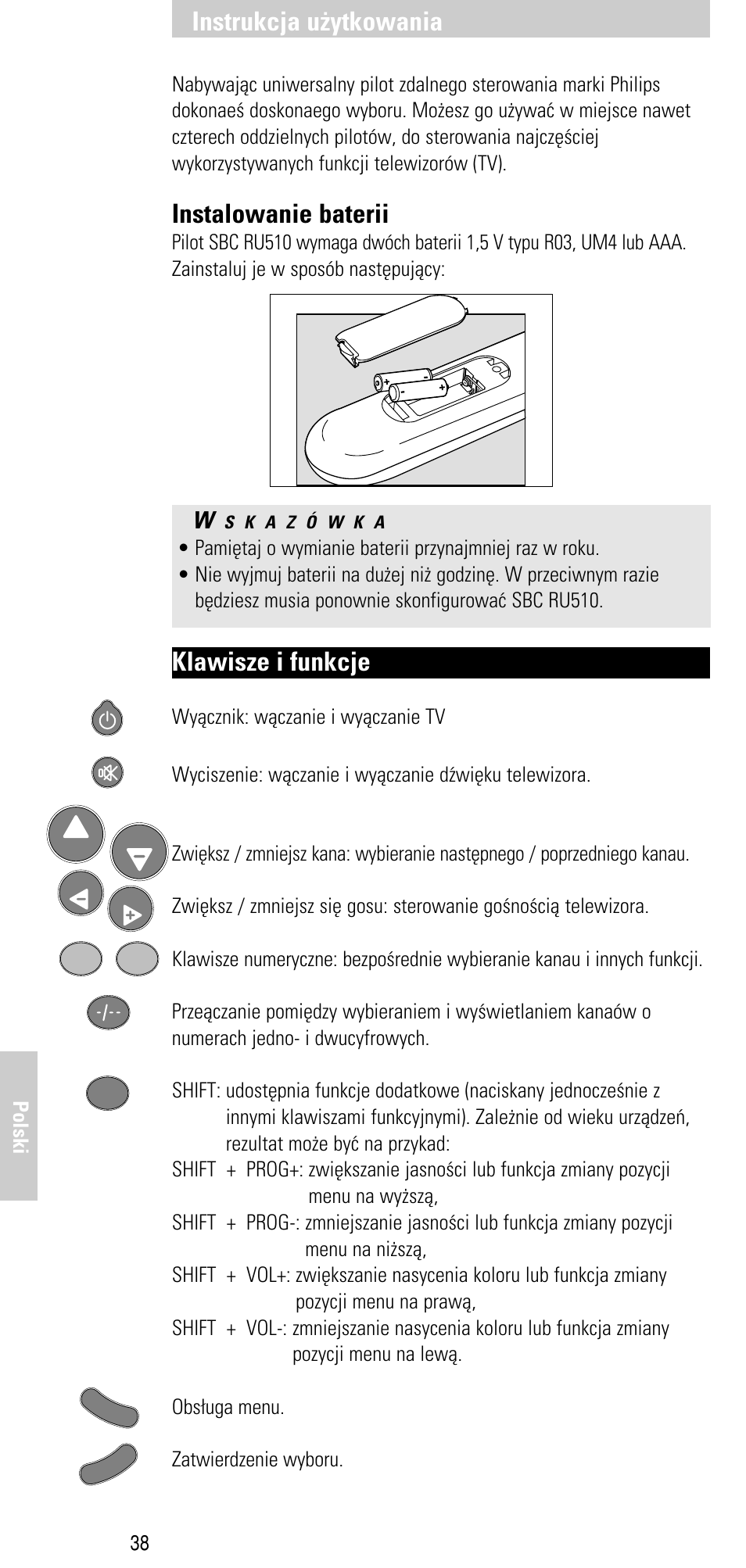 Instalowanie baterii, Klawisze i funkcje, Instrukcja u¿ytkowania | Philips SBC RU 510 User Manual | Page 94 / 108