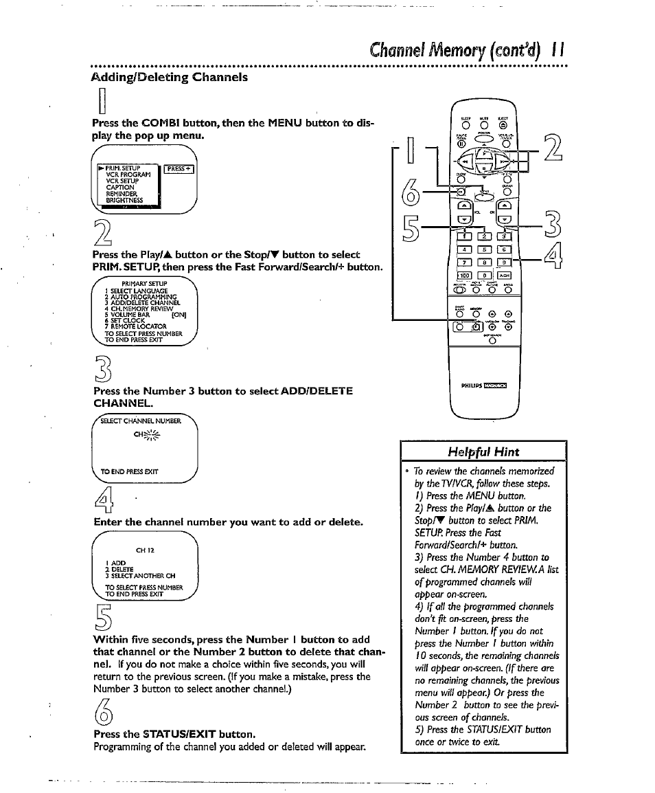 Helpful, Hint, M m nn | Adding/deleting channels | Philips CCX134AT User Manual | Page 11 / 60