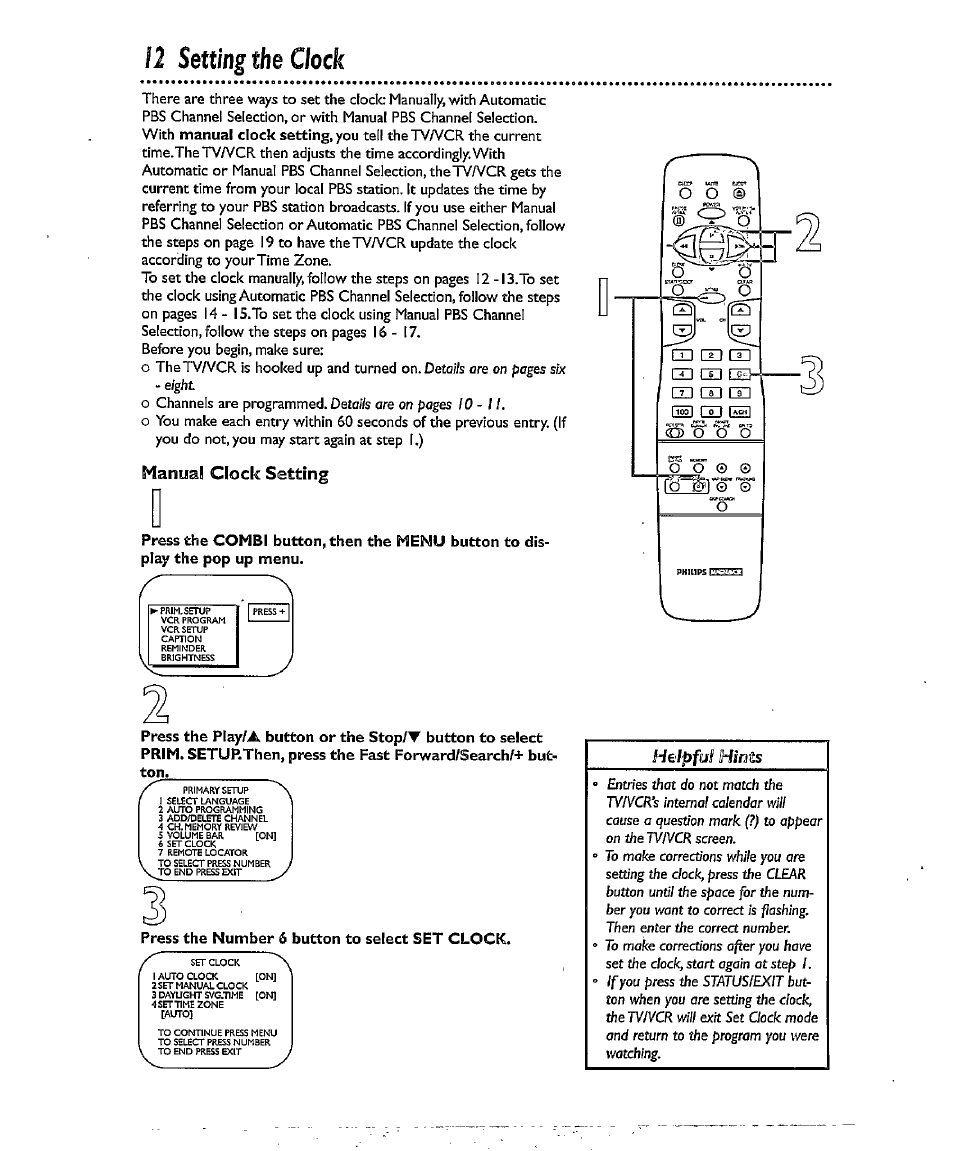 Helpfu, Hmts, 12 setting the clock | Manual clock setting | Philips CCX134AT User Manual | Page 12 / 60