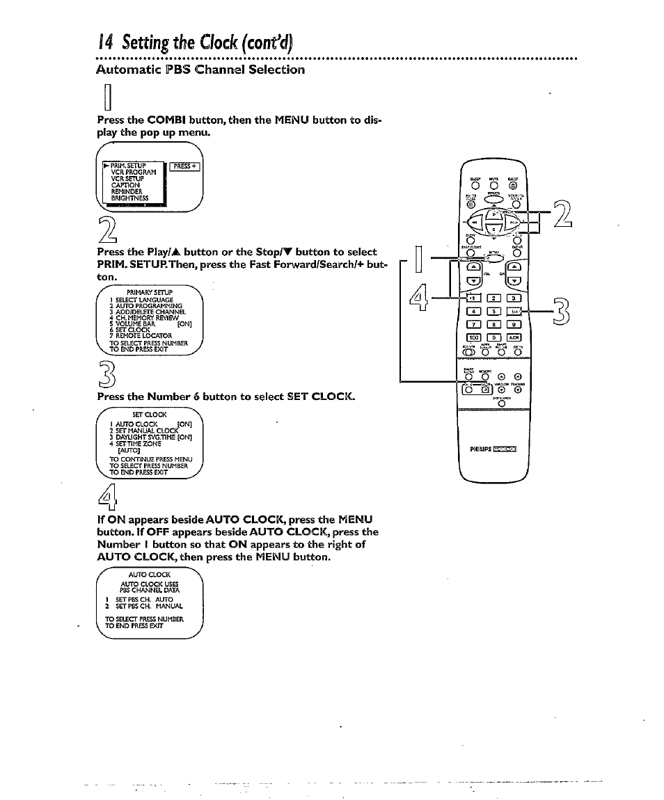 Press the number 6 button to select set clocic, Automatic fbs channel selection | Philips CCX134AT User Manual | Page 14 / 60