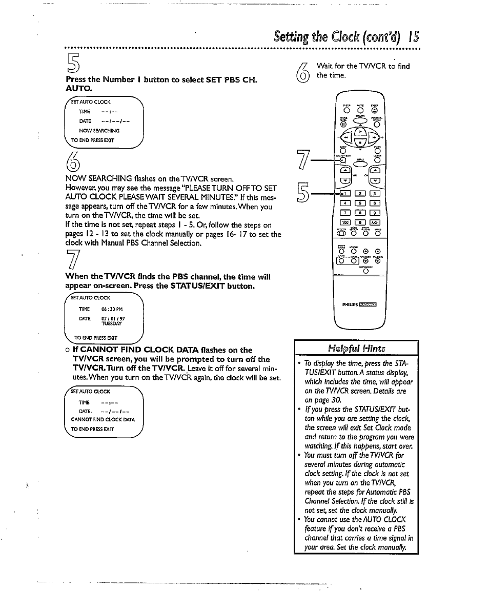 Setting, Confd) is, The clock | V_____ j, He/pful hints | Philips CCX134AT User Manual | Page 15 / 60