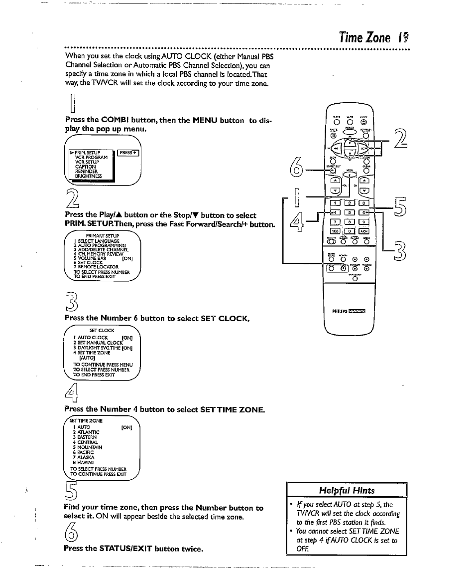 Press the number 6 button to select set clock, Press the number 4 button to select settime zone, Time zone 19 | Press the number, Button to select settime zone, 5, the | Philips CCX134AT User Manual | Page 19 / 60