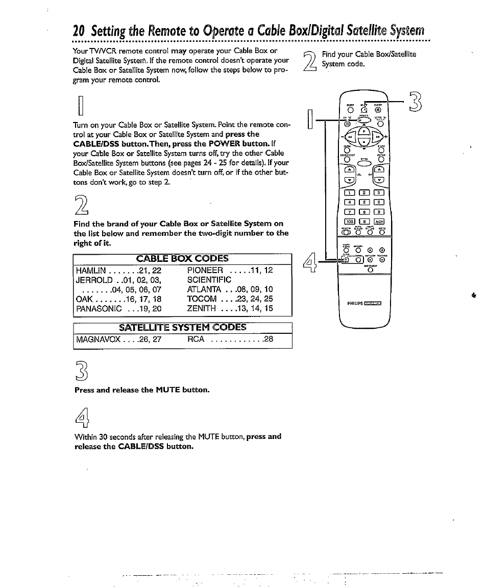 20 setting, Remote, Operate a cable box/digital satellite system | Philips CCX134AT User Manual | Page 20 / 60