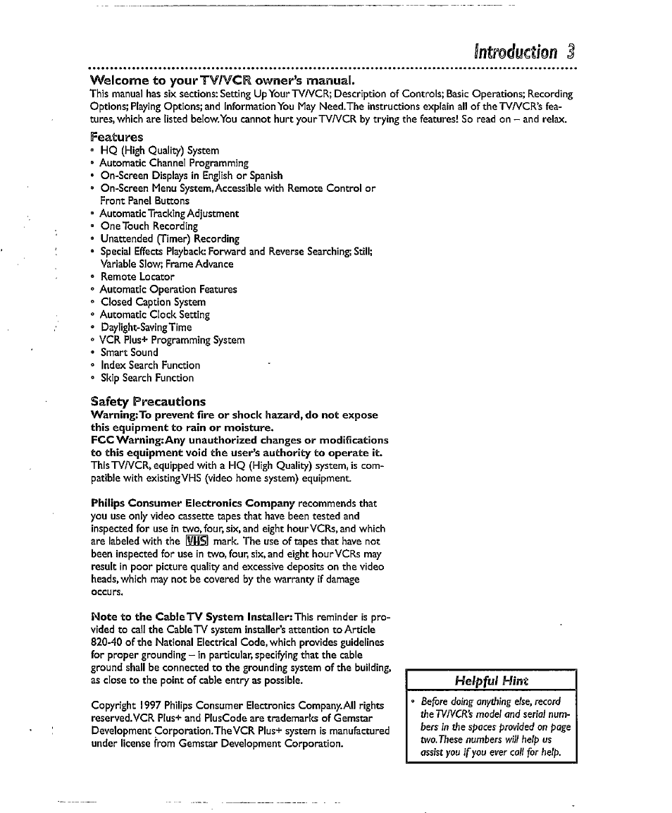 Helpful, Hint | Philips CCX134AT User Manual | Page 3 / 60