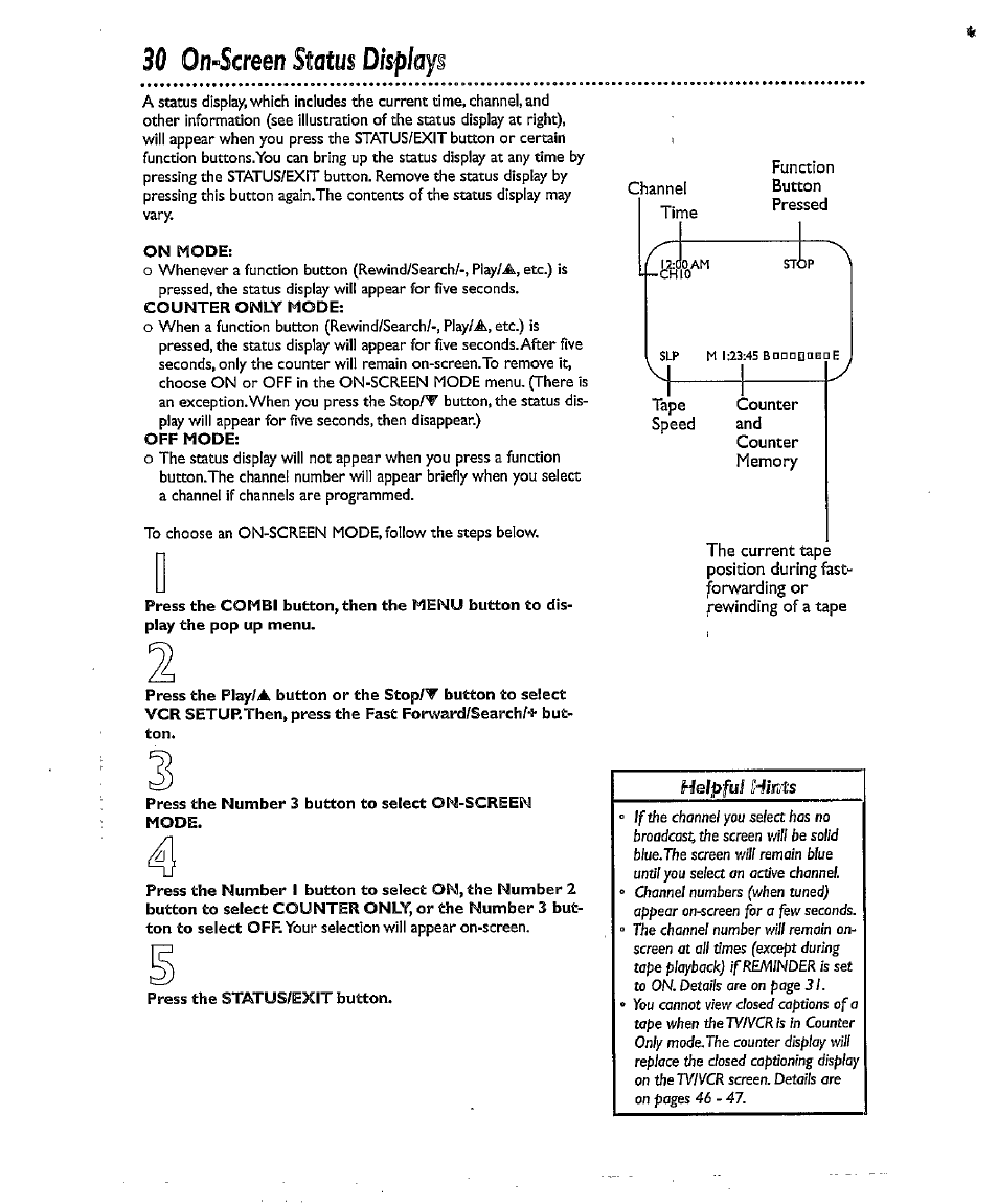 30 on-screen status displays, Hmts | Philips CCX134AT User Manual | Page 30 / 60