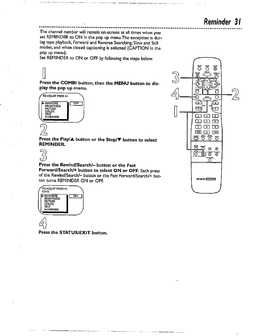 Reminder 31, Reminder, Press the status/exit button | Philips CCX134AT User Manual | Page 31 / 60