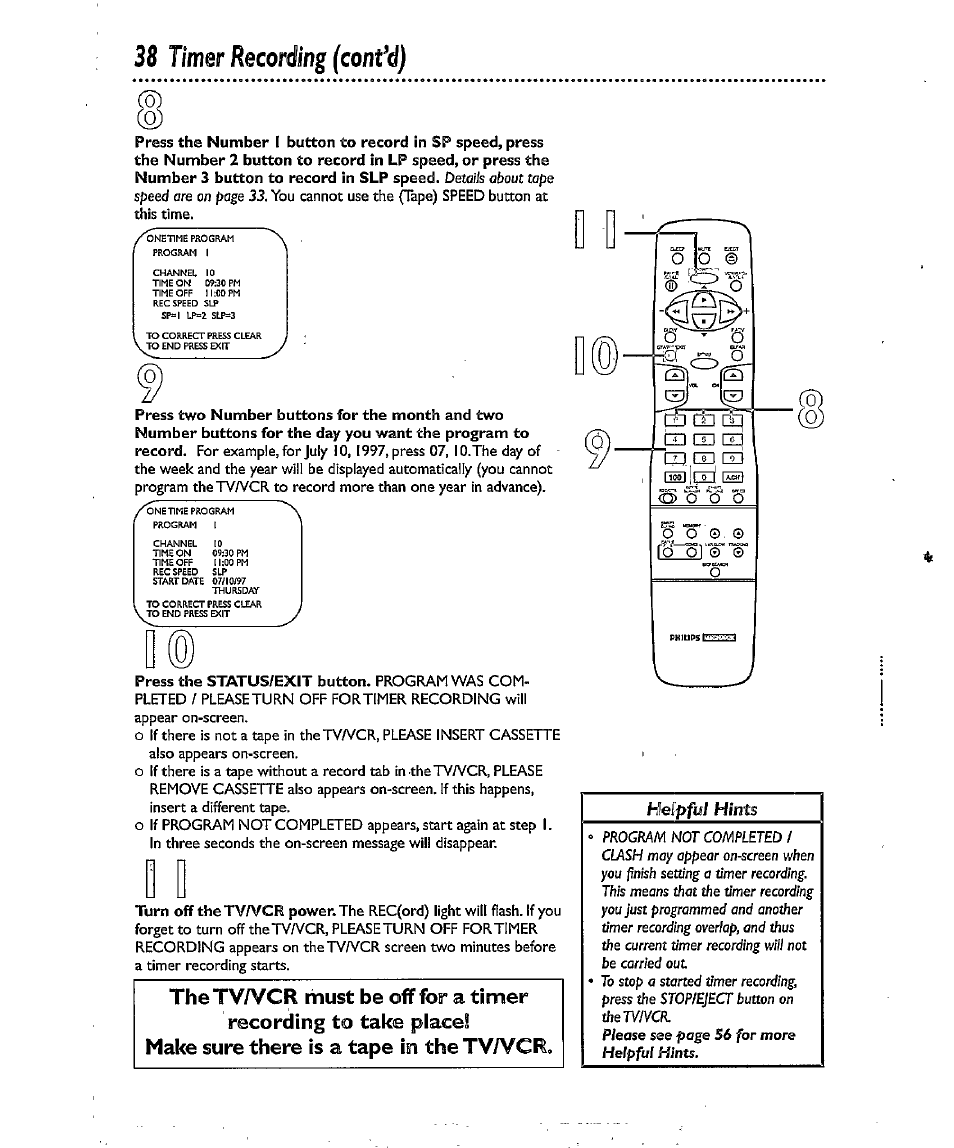 Timer recording (cont’d), Hefpfiif hints | Philips CCX134AT User Manual | Page 38 / 60